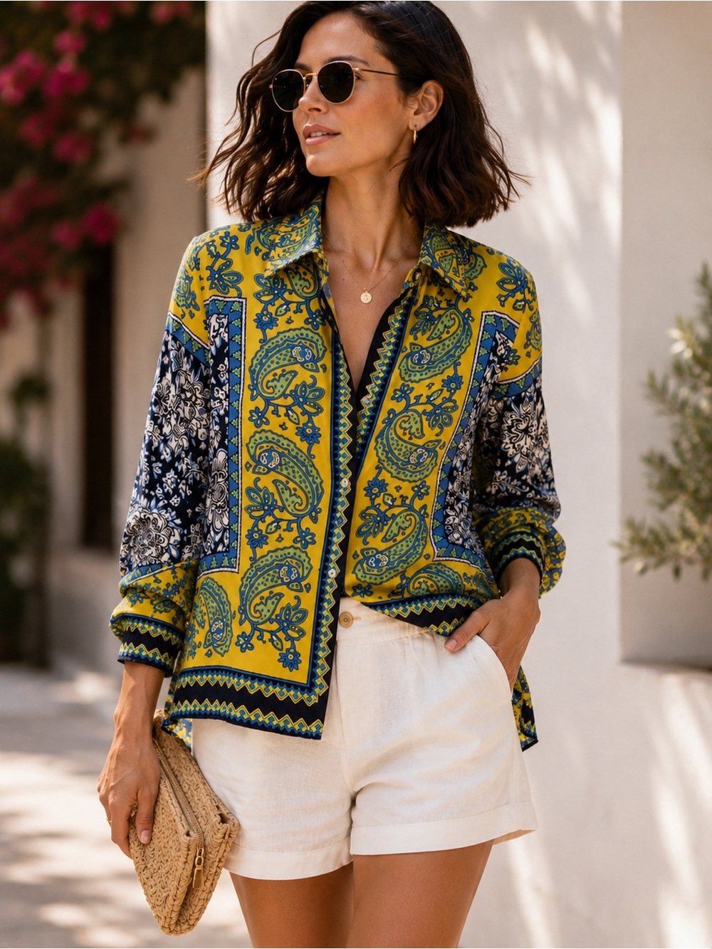 Rachel Zoe 100% Silk Paisley Blouse Resort Boho Button Down S